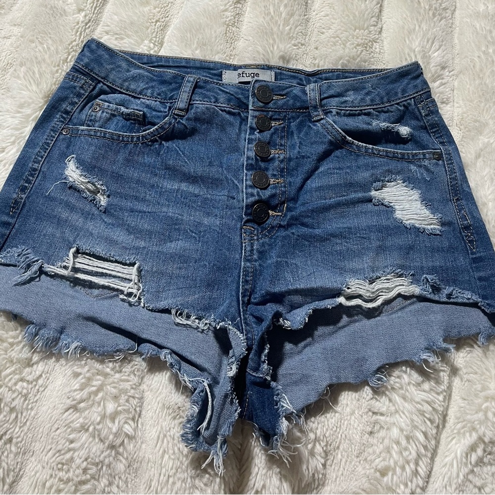 Refuge Medium Blue Ripped Jean Shorts